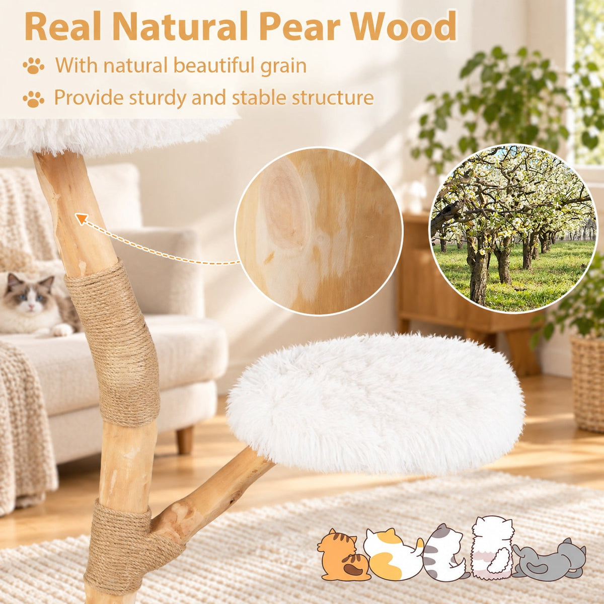 Airfind Modern Wooden Cat Tree Tower with Perch and Natural Jute Scratching Posts, 66 Lbs Capacity, Pear Wood Jute Long Plush Fabric, White