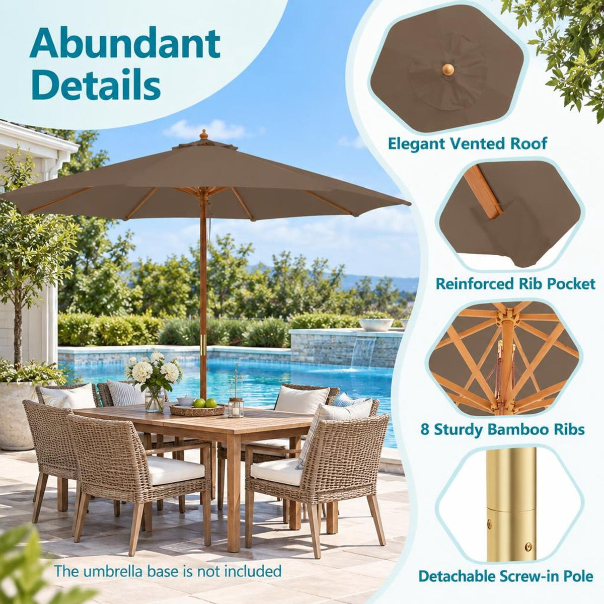 Airfind 10 Feet Patio Umbrella with 8 Wooden Ribs and 3 Adjustable Heights, 180G polyester fabric PP bamboo wood Frame, Brown