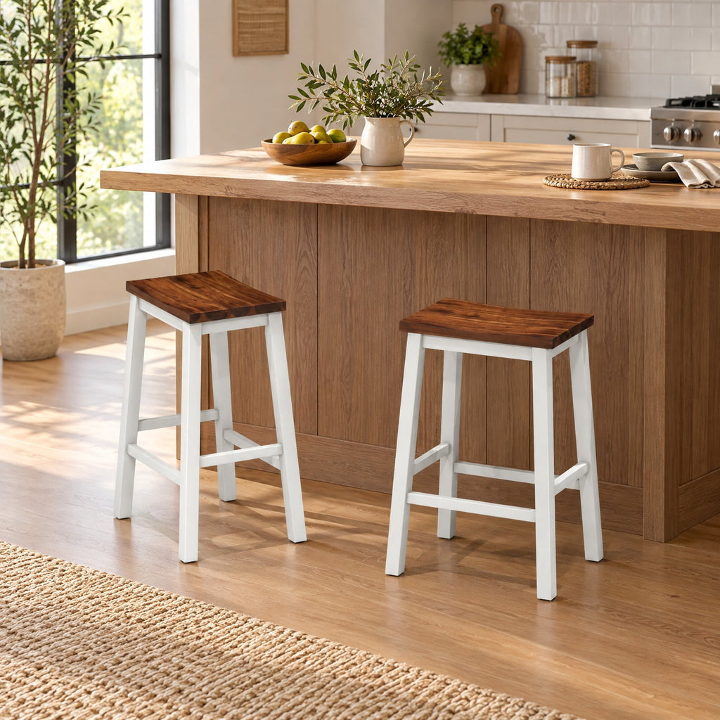 Airfind 24.5-Inch Set of 2 Saddle Stools Bar Stools with Footrests for Kitchen Island-Walnut and Gray, 350 lbs Capacity, Rubber Wood Acacia Wood Frame