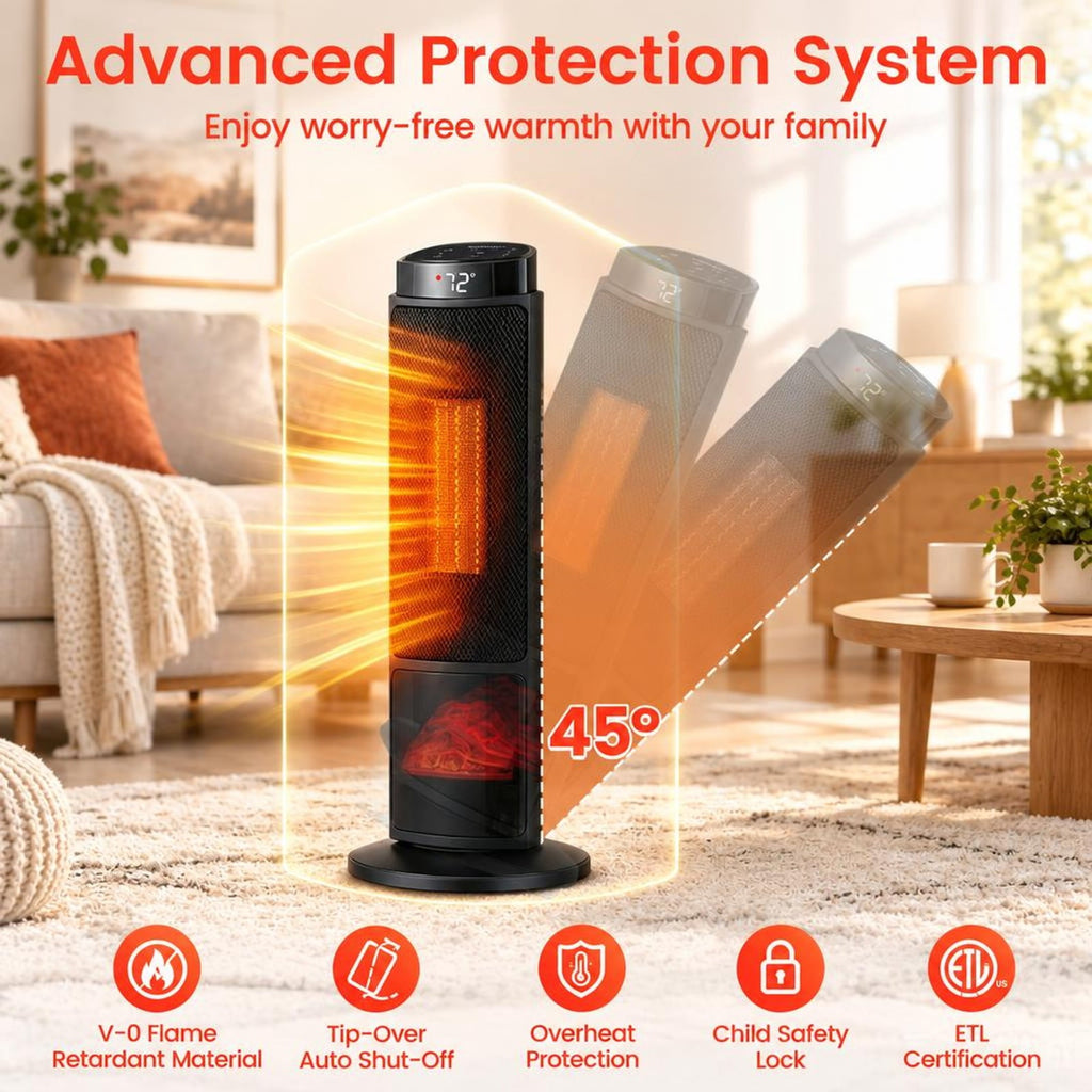 Airfind 24 Inch 1500W PTC Ceramic Tower Space Heater with 7-Color Flame, 9 Inch x 24 InchLength of Footprint for Everyday Use, Black