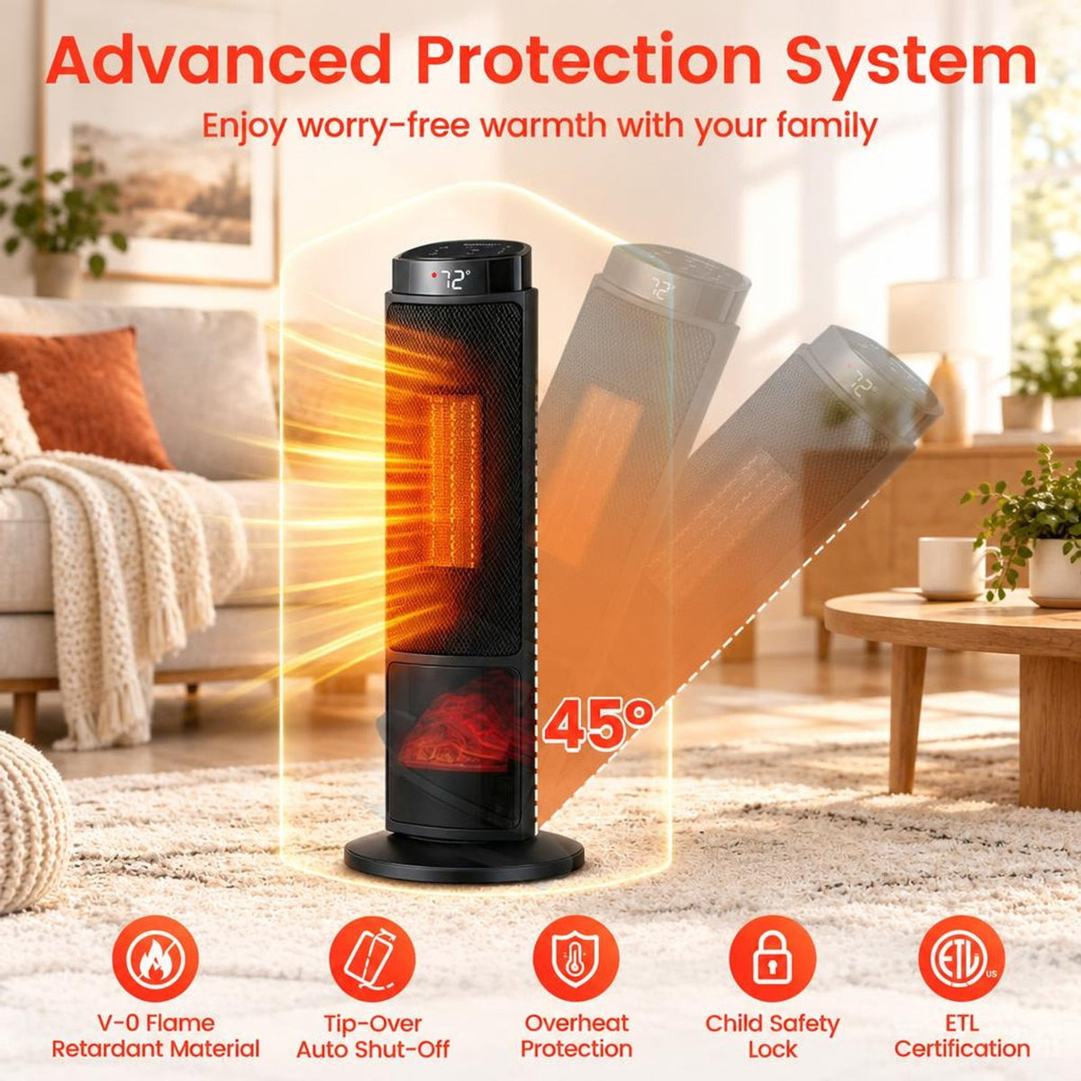 Airfind 24 Inch 1500W PTC Ceramic Tower Space Heater with 7-Color Flame, 9 Inch x 24 InchLength of Footprint for Everyday Use, Black