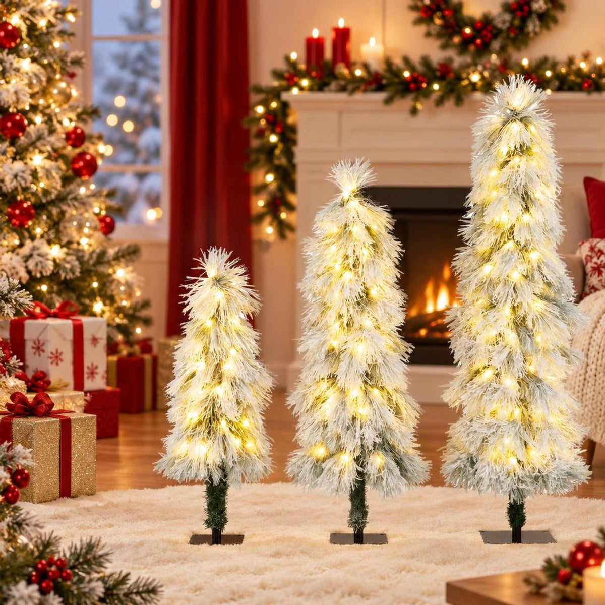 Airfind Artificial Christmas Tree Set of 3 with Snow, PVC Metal Tree Height 3 ft Tree Width 12 Base Frame, Green + White
