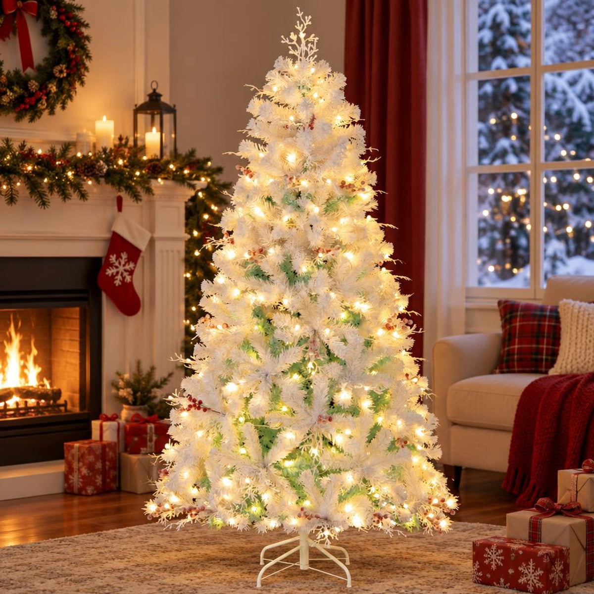 Airfind Pre-Lit Artificial Christmas Tree with Snow Flocked Branch Tips, PVC PE Metal Frame, 3.8 x 6 ft Footprint, White+Lake Blue
