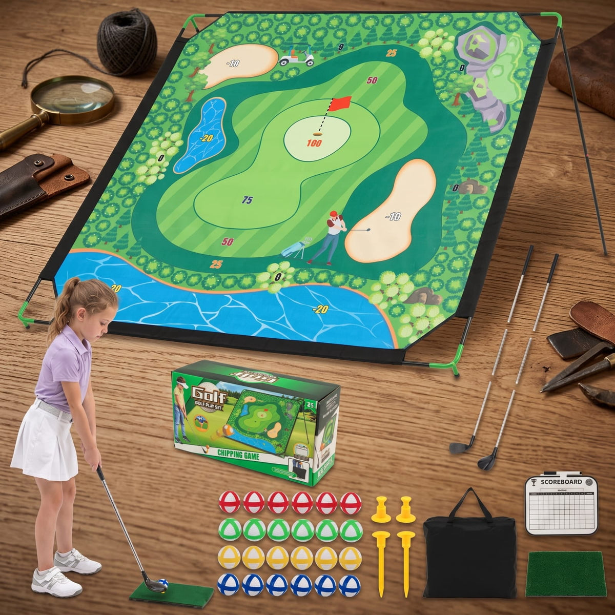 Airfind 71 x 71 Inch Golf Chipping Game Set with 2 Adjustable Clubs Sticky Balls and Storage Bag for Indoor and Outdoor Practice, Multicolor
