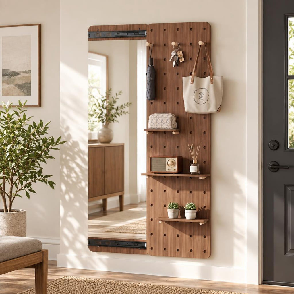 Airfind Solid Wood Full Length Mirror with Pegboard Shelves and Hooks for Entryway, Solid Wood Glass Frame, 16 x 5.5 x 55 Footprint, Brown