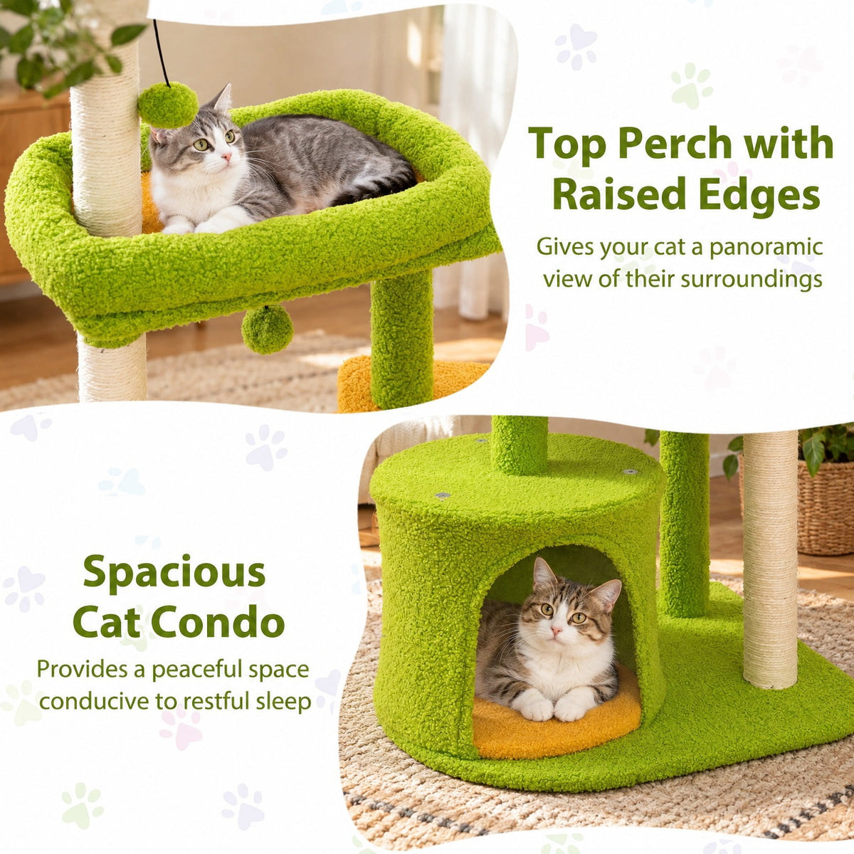 Airfind Cute Cat Tree for Adult Cats Multi-level Kitty Tower, Engineered Wood EVA Sisal Teddy Fleece Product Height 48 Base Frame, Green