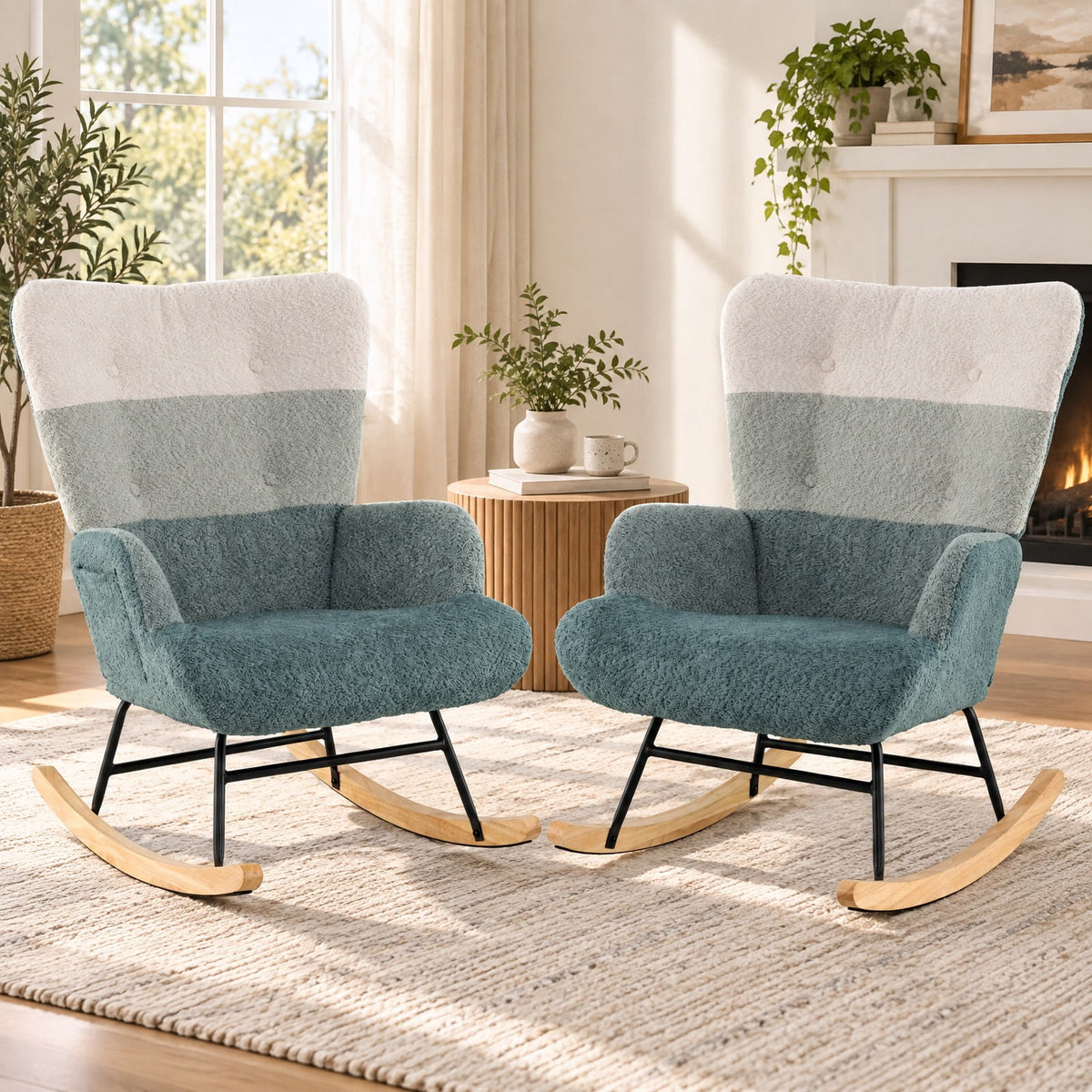 Airfind Nursery Rocking Chair with Ergonomic Armrests and High Backrest, 250 lbs Capacity, Boucle Sponge Metal Plywood Rubber Wood Frame, Colorful