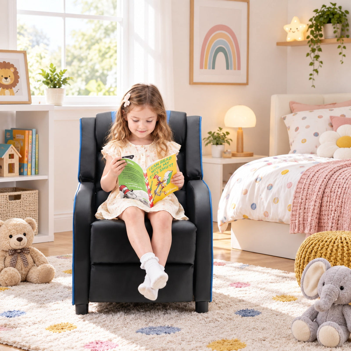 Airfind Kids Recliner Chair with Side Pockets and Footrest, 110 lbs Capacity, Sponge PU leather wood steel plastic Frame, Blue