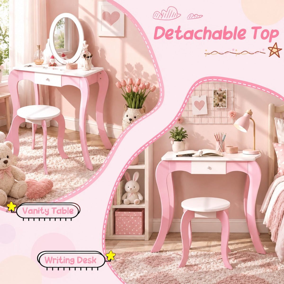 Airfind Pretend Kids Vanity Set with 360° Rotatable Mirror and Play Accessories, 66 lbs Capacity, MDF Acrylic Frame, 24 x 13.5 x 40 Footprint