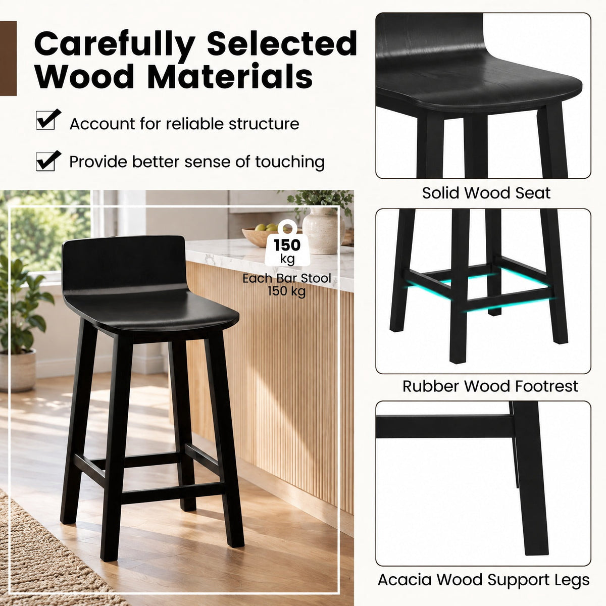 Airfind Wood Bar Stools Set of 2 with Solid Back and Seat, Black, Ergonomically designed backrest fits your body curve, for Everyday Home Use
