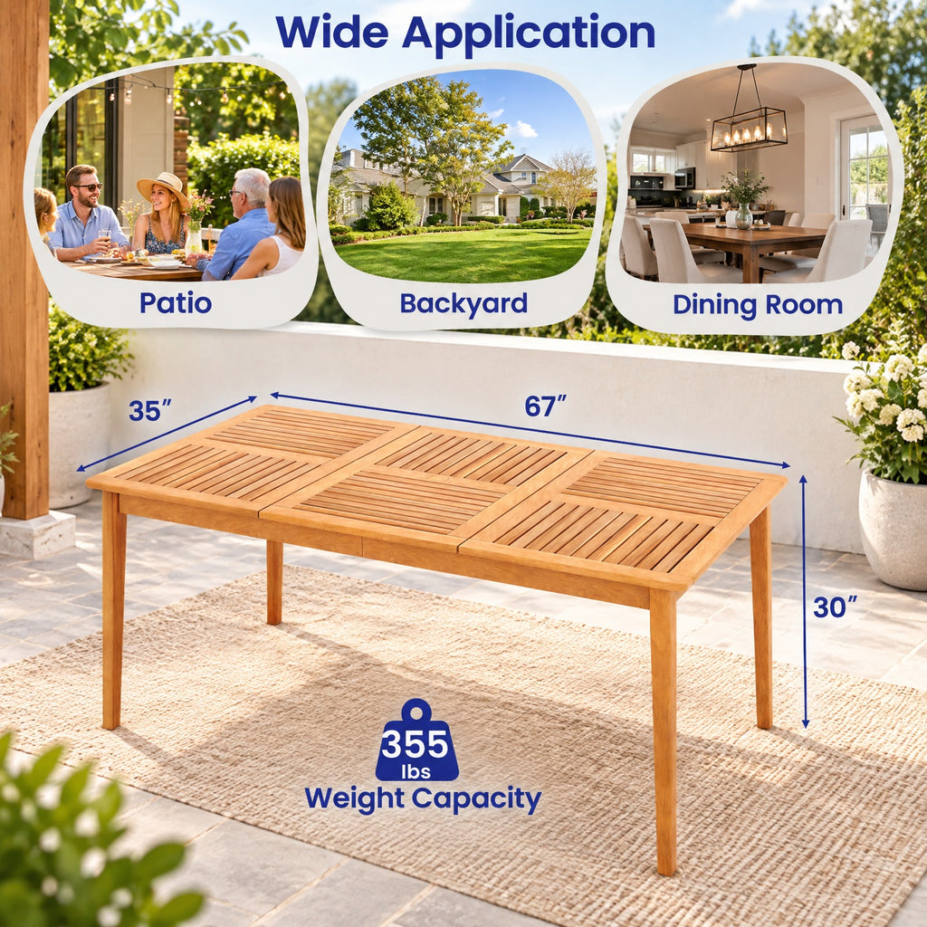 AIRFIND Patio Dining Table for Six with Acacia Wood Slatted Top, Umbrella Hole and Reinforced Frame, 67 x 35 x 30 in, Natural