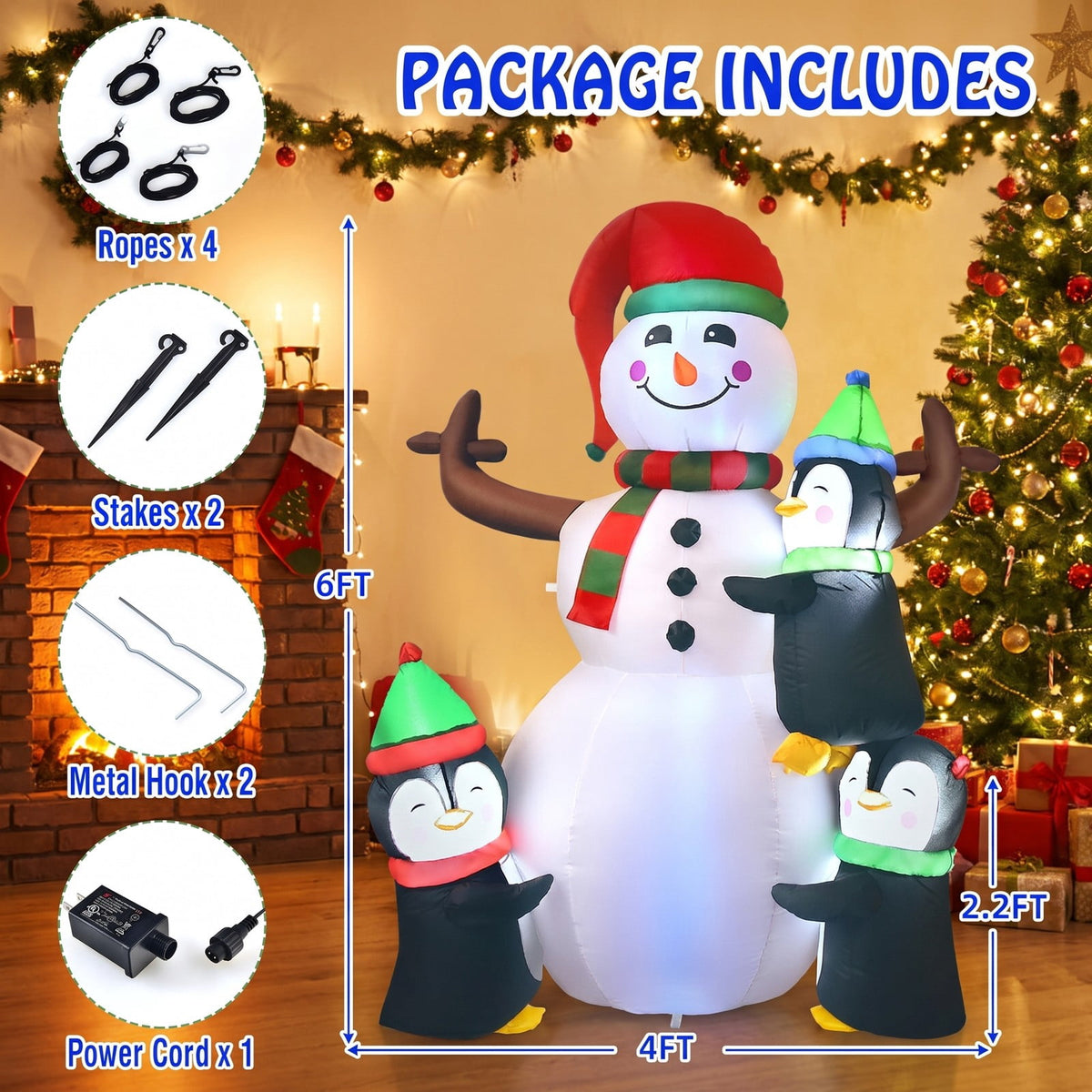 Airfind 6 Feet Christmas Quick Inflatable Snowman with Penguins, Polyester fabric Frame, 4 ft x 2.6 ft x 6 ft Footprint, Multicolor