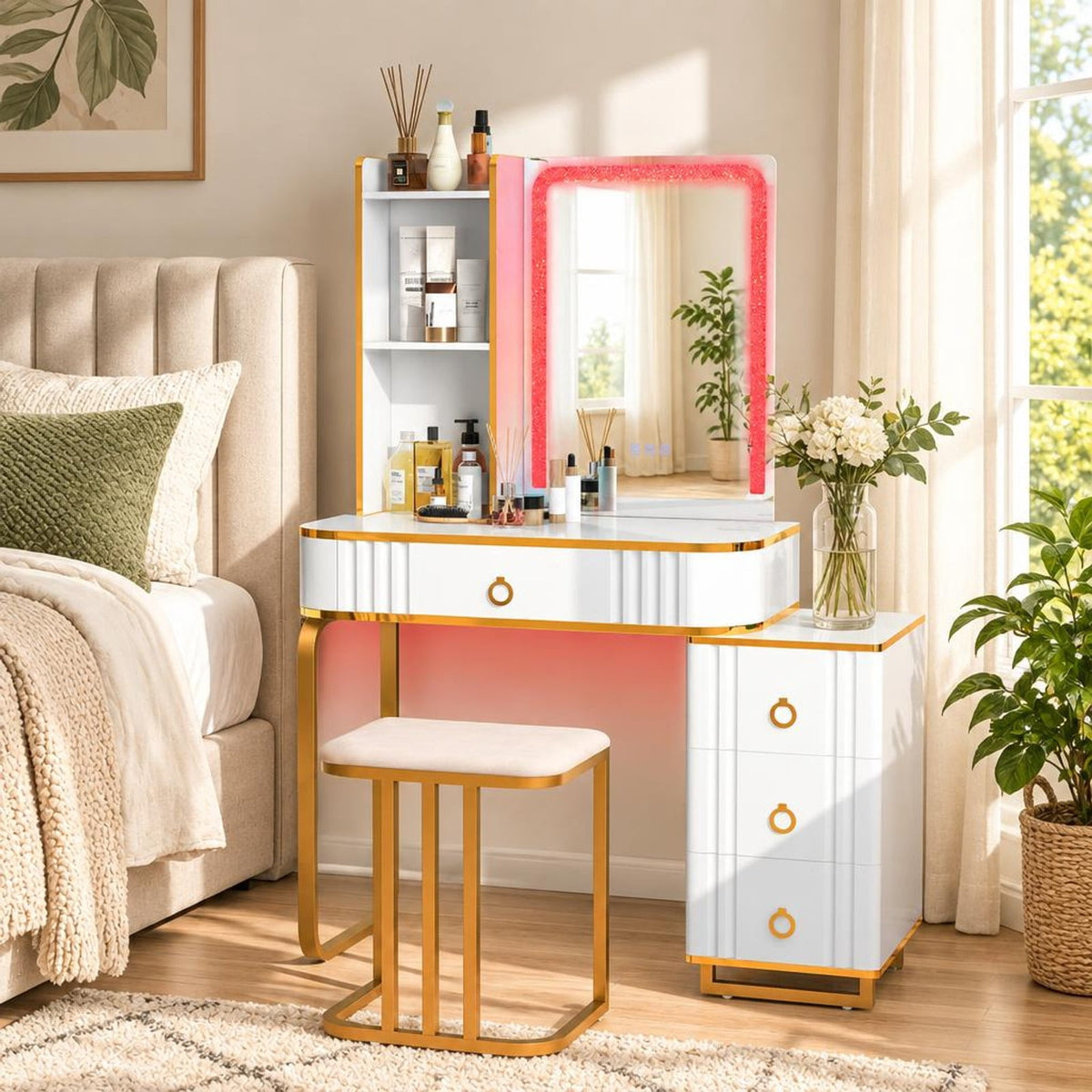Airfind Vanity Table Set with RGB LED Lights and Wireless Charging Station, 200 lbs Capacity, P2 MDF Pine Wood Metal Frame, White
