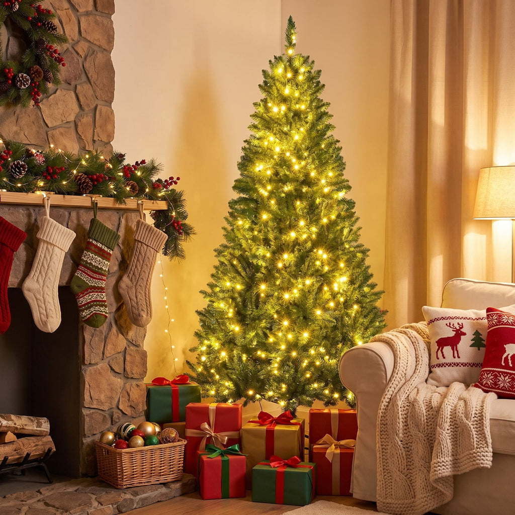 Airfind 5/6/7 Feet Artificial Christmas Tree Hinged Xmas Tree with 7 Lighting Modes-5 Feet, Green, Diameter of Stand 18in/18in/22in