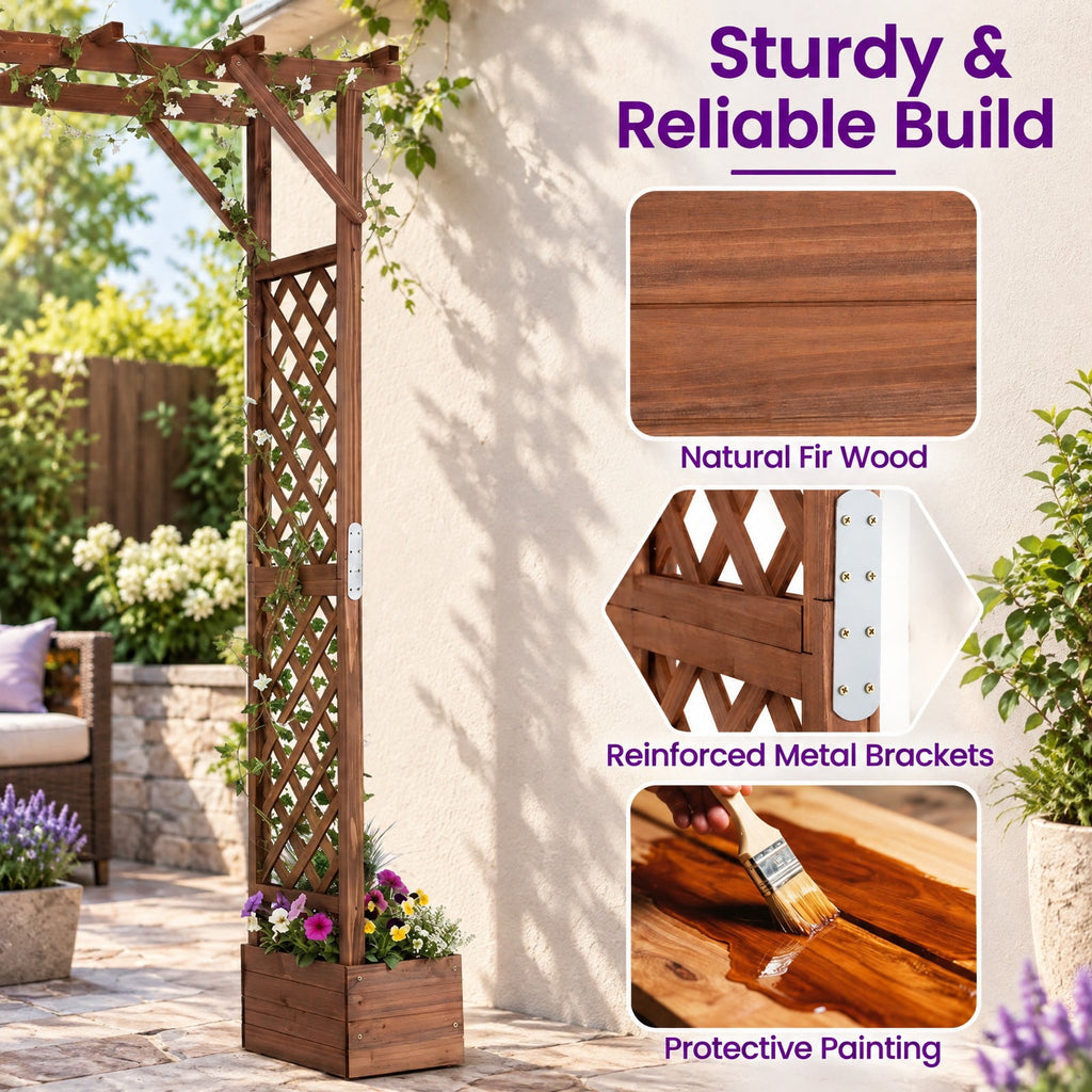 Airfind 87in Tall Wooden Garden Arbor with Planter Boxes and Hanging Roof for Climbing Plants, 44 lbs Capacity, Fir Wood Frame, Orange