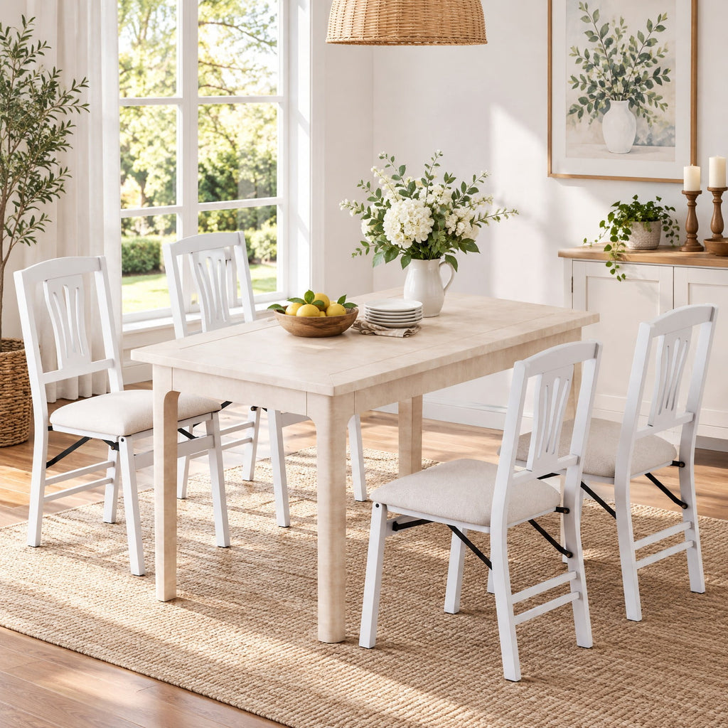 Airfind Folding Kitchen Chairs Set of 4 Upholstered Dining Chairs with Comfy Padded Seats, 375 Lbs Capacity, 21 Inch X 17 Inch X 34.5 Inch, White