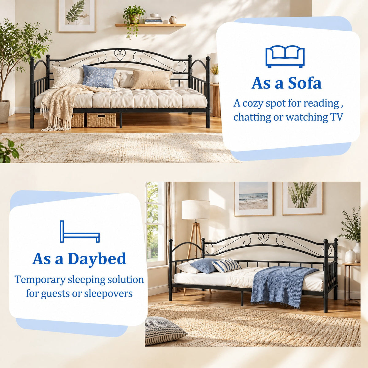 Airfind Twin Size Metal Daybed Frame with Headboard for Bedroom, 485 lbs Capacity, Metal Frame, 78 x 41.5 x 34.5 Footprint, Black