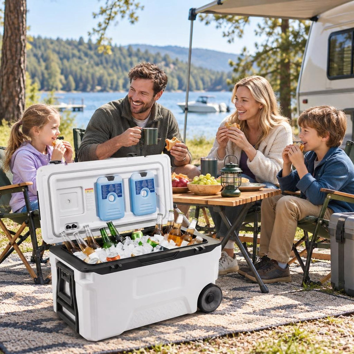 Airfind 53 Quart Portable Rolling Cooler with Fish Ruler for Outdoor, PP PU HDPE TPE Frame, 29.5 x 16 x 16 Footprint, White
