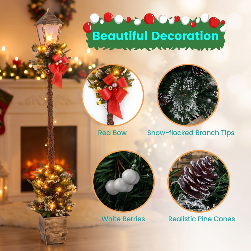 Airfind 6.1 Feet Christmas Pre-lit Street Lamp with Artificial Greenery and Snow-flocked Branch Tips, Metal Plastic Frame, 9in x 9in x 6.1ft Footprint