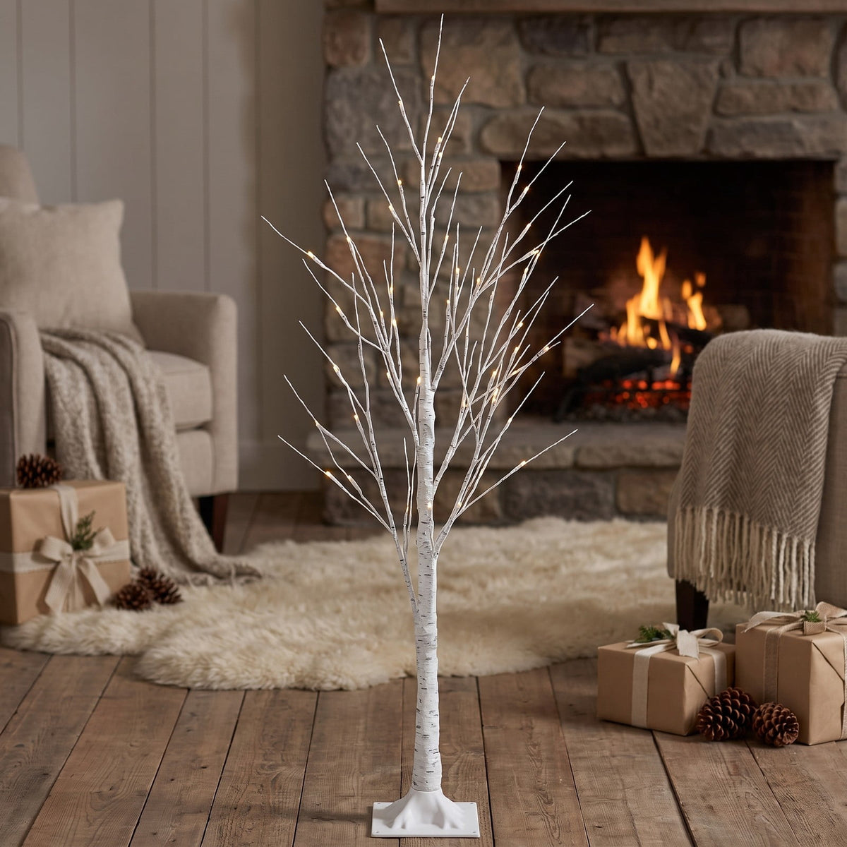 Airfind Pre-lit White Twig Birch Tree for Christmas Holiday with LED Lights-4 ft, metal plastic Height: 4/5/6 ft Frame, White