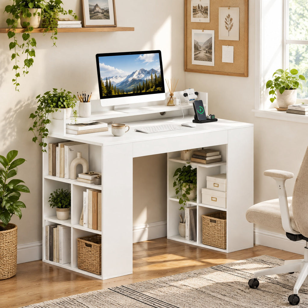 Airfind 43 Inch Computer Desk with Power Outlets and 2 Bookcases, 200 lbs Capacity, Engineered Wood Frame, 43 Inch x 22 Inch x 37 Inch Footprint, White