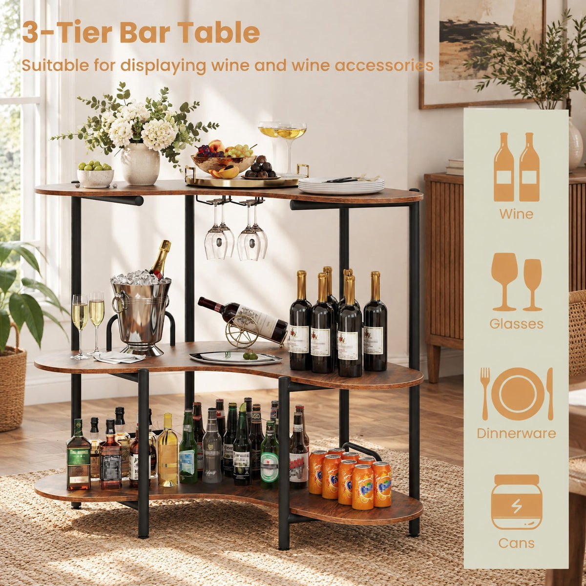 Airfind 3-Tier Liquor Bar Table with Stemware Racks and Storage Shelves, 200 lbs Capacity, Engineered Wood Metal Frame, 48 x 26 x 40 Footprint