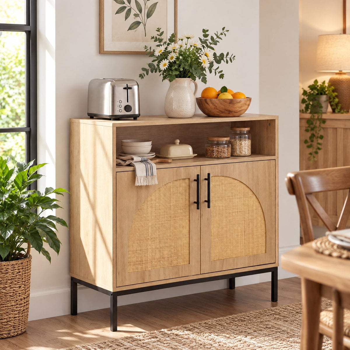 Airfind 32 Sideboard Buffet Cabinet with 2 Natural Rattan Decorated Doors and Adjustable Shelf, 145 lbs Capacity, 32 x 15 x 32.5 Footprint