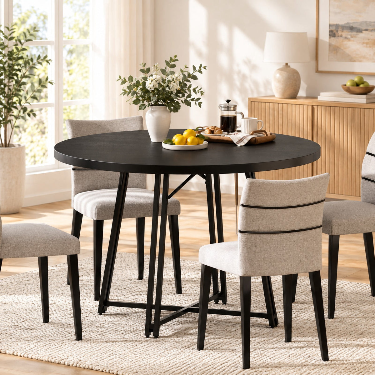Airfind 47 Inch Dining Table for 4-6 People Round Kitchen Table with Cross Base, 200 lbs Capacity, Metal MDF Frame, 47 x 30.5 Footprint, Black