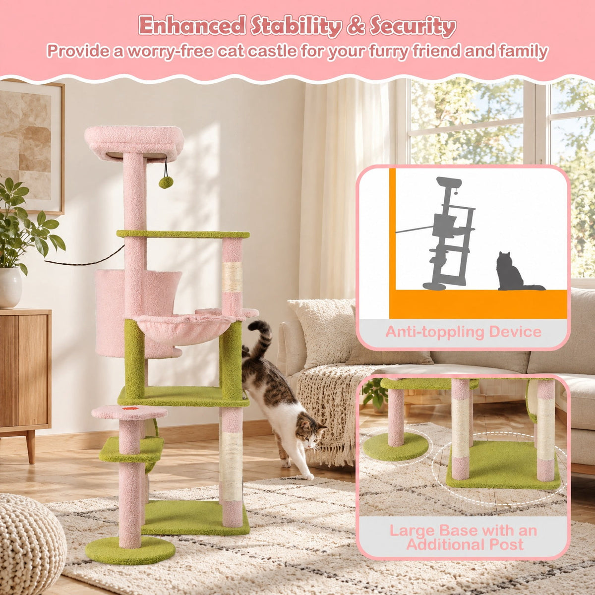 Airfind 58 Inch Tall Multi-Level Cat Tree Aesthetic Floral Kitten Tower, Teddy Plush Fabric Sisal Engineered Board Frame, Pink