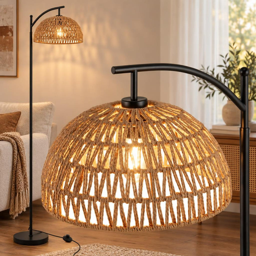 Airfind Arc Floor Lamp 63 Inches Tall Pole Lamp with Hanging Lampshade, Metal Paper Rope Frame, 10 Inch × 63 Inch Footprint, Black