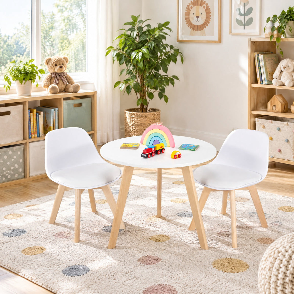 Airfind Modern Kids Activity Play Table and 2 Chairs Set with Beech Leg Cushion, 176 lbs Capacity, MDF beech wood PP Frame, 23.5 x 20 Footprint