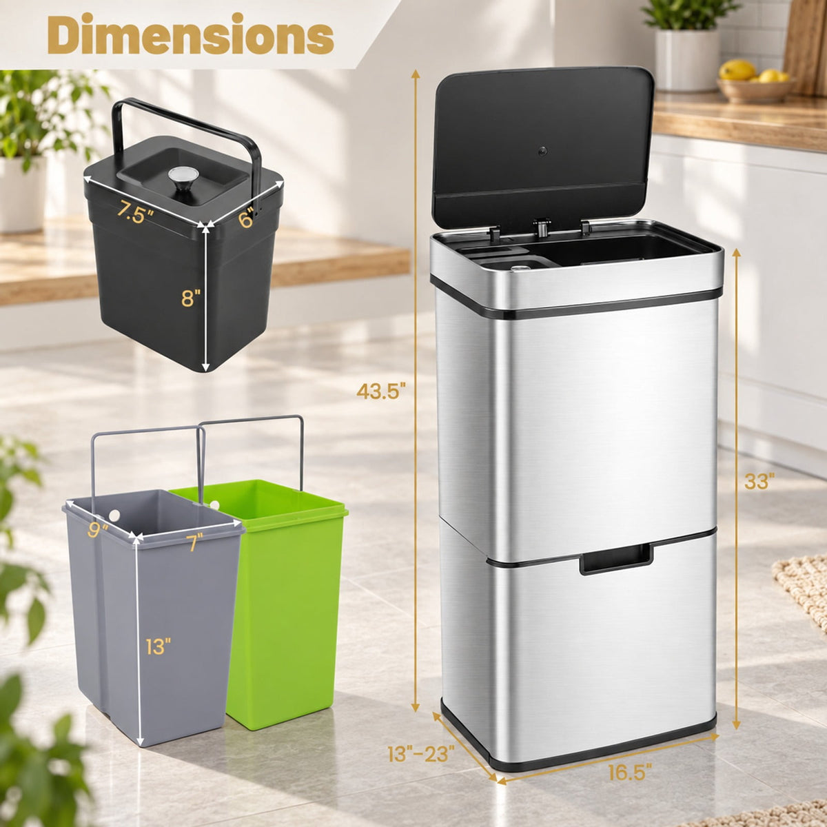 Airfind 19 Gal Stainless Steel Trash Can with Kitchen Waste Bin and 2 Bottom Recycling Bins, Stainless Steel ABS Frame, Silver