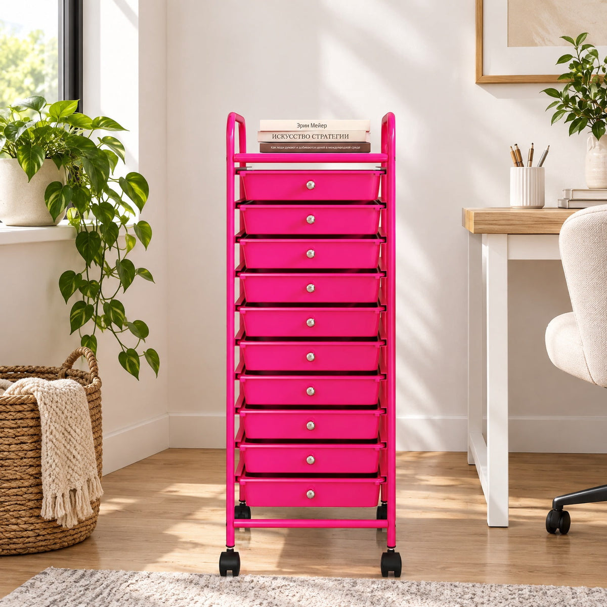 Airfind 10 Drawer Rolling Storage Cart Organizer with 4 Universal Casters, 3 lbs Capacity, Steel Plastic Frame, Pink
