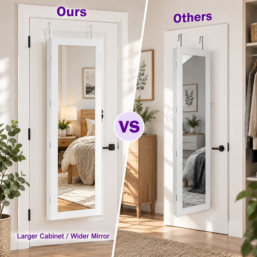 Airfind Wall Mounted Lockable Mirror Jewelry Cabinet with LED Light, Real glass quality MDF soft velvet Frame, 14.5in x 3.5in x 56.5in Footprint, White