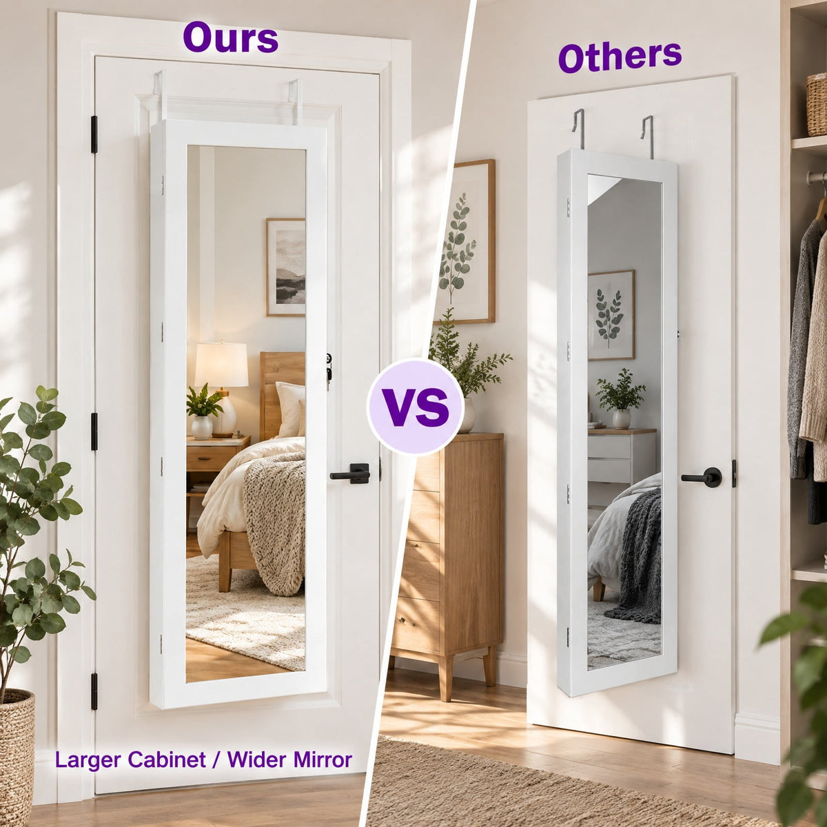 Airfind Wall Mounted Lockable Mirror Jewelry Cabinet with LED Light, Real glass quality MDF soft velvet Frame, 14.5in x 3.5in x 56.5in Footprint, White