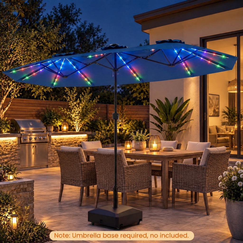 Airfind 13 FT Double-Sided Patio Umbrella with Color-Changing Flowing Solar LED Lights, Polyester Fabric Metal Frame, 13 x 7 ft Footprint, Navy