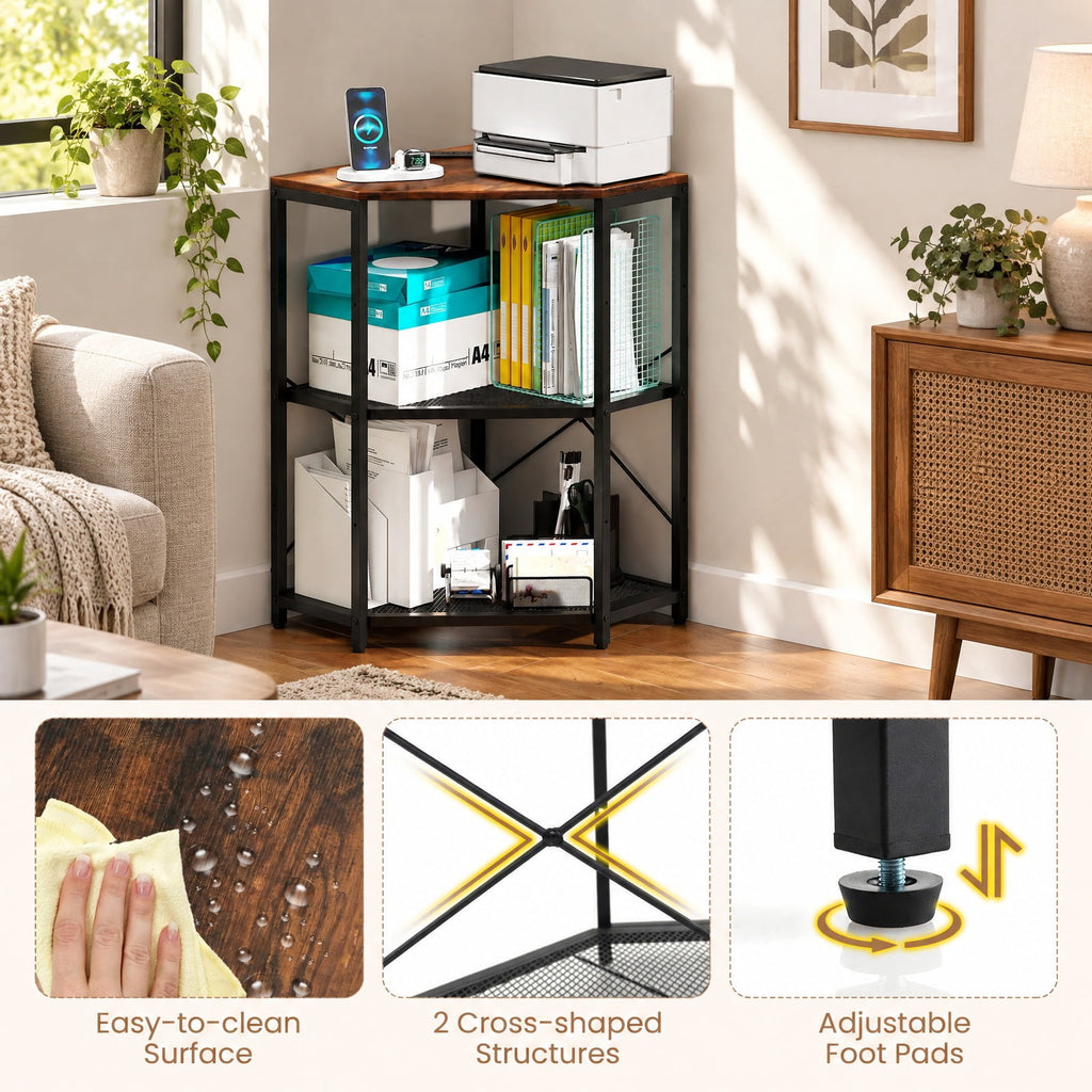 Airfind Corner Printer Stand with Power Outlet 3-Tier Storage Rack with Adjustable Shelf, 70 lbs Capacity, Engineered Wood Metal Frame, Brown