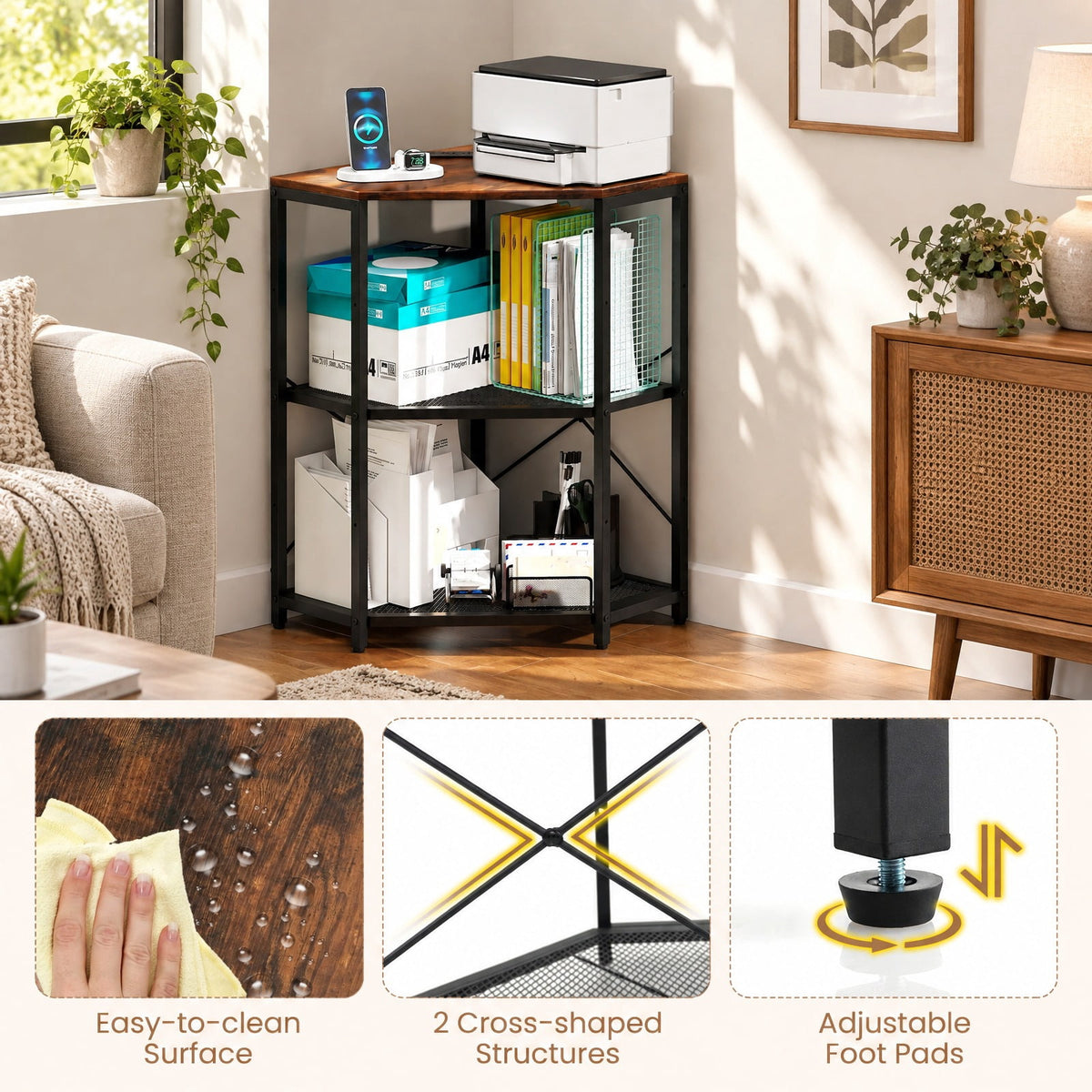 Airfind Corner Printer Stand with Power Outlet 3-Tier Storage Rack with Adjustable Shelf, 70 lbs Capacity, Engineered Wood Metal Frame, Brown