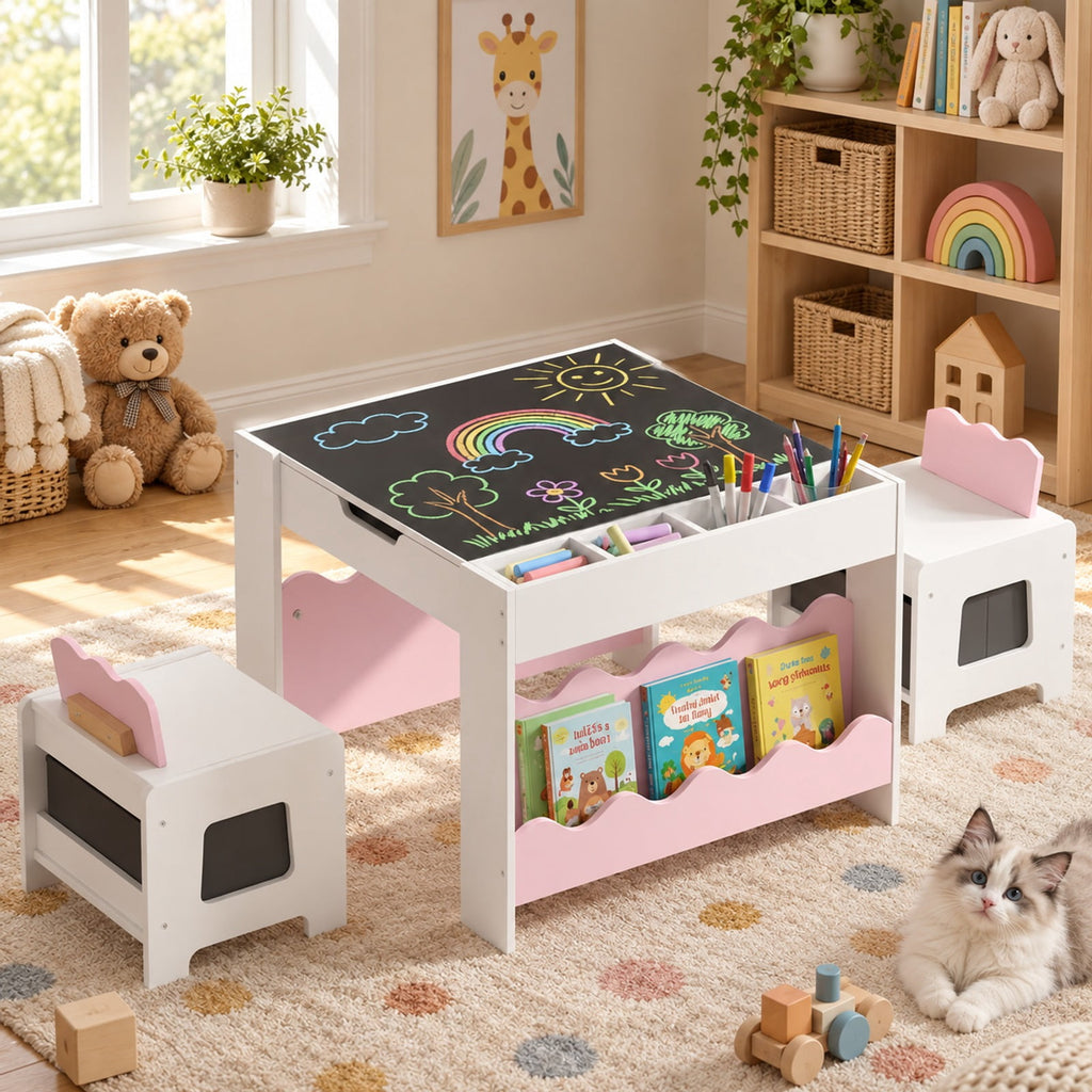 Airfind Youth Table and Chairs Set, Multi-purpose Activity, with Double-sided Tabletop, 55 lbs Capacity, MDF Frame, 26 Inch x 25 Inch x 19 Inch Footprint, Pink