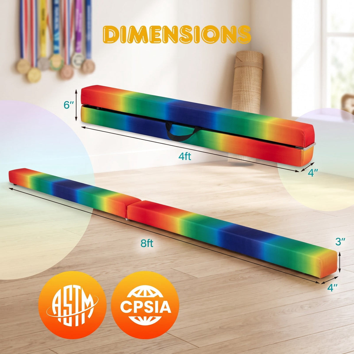 Airfind Folding Balance Beam for Kids with Solid Wood Base and Anti-slip Bottom for Home Gymnastics Training and Practice, Rainbow
