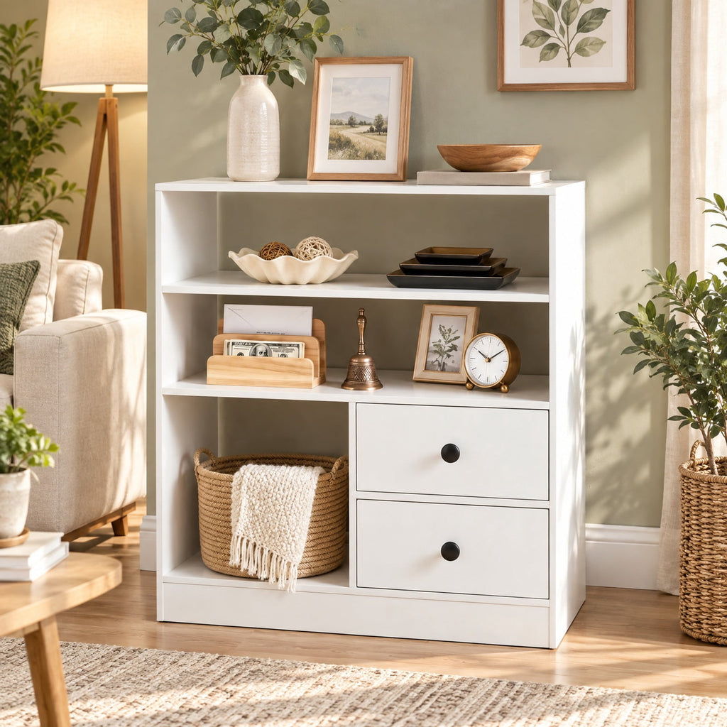 Airfind Open Storage Cabinet with 3 Open Compartments and 2 Drawer, 44 lbs Capacity, Engineered Wood Fabric Frame, 27.5 x 12 x 27.5 Footprint