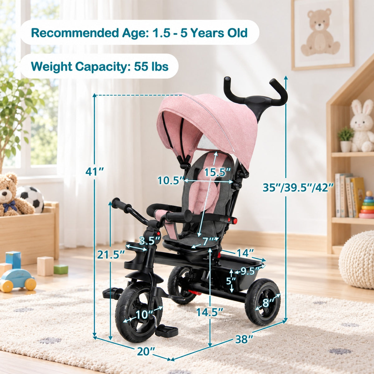 Airfind 4-in-1 Baby Tricycle Toddler Trike with Convertible Seat, 55 lbs Capacity, Steel polyester fabric PP EVA Frame, Pink