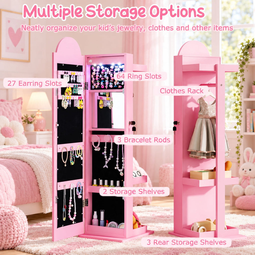 Airfind 3 In 1 Kids Jewelry Cabinet Freestanding Jewelry Armoire with 3-Color Lighted Mirror, MDF Glass Acrylic Frame, Pink