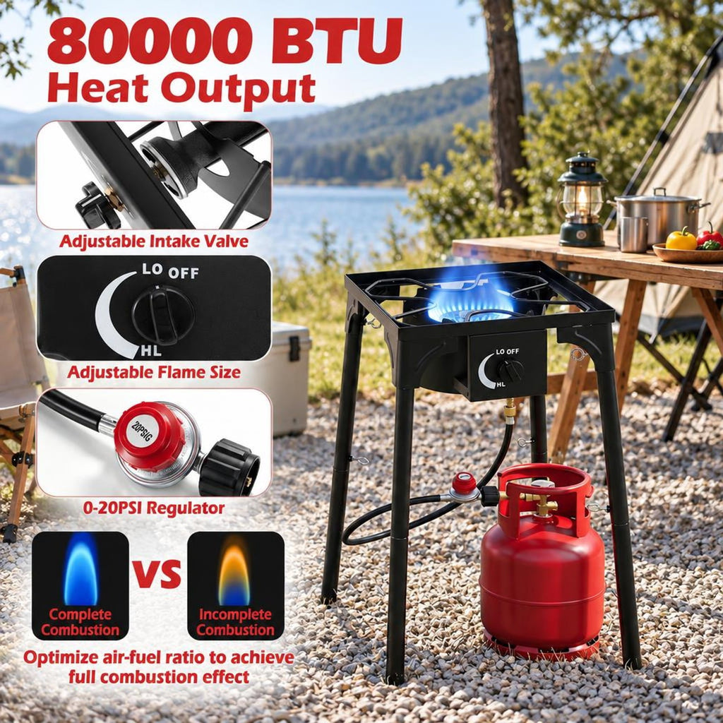 Airfind 1 Burner 80000 BTU Propane Camp Stove featuring Adjustable Regulator and Hose, 220 lbs Capacity, Metal Cast Iron PVC ABS Frame, Black