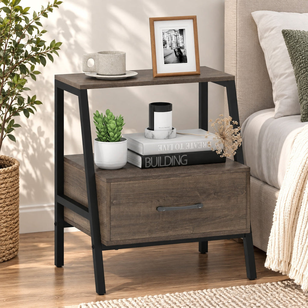 Airfind Farmhouse Nightstand with Drawer and Open Storage, Engineered Wood and Metal End Table for Bedroom and Living Room, Gray