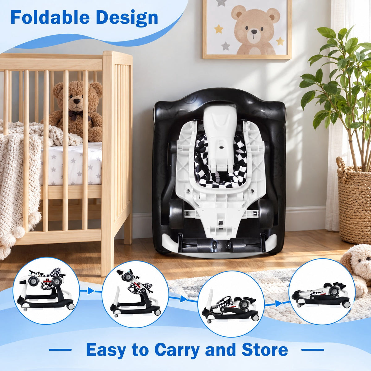 AIRFIND Baby Walker with 4 Activity Modes, 3 Adjustable Heights, Music and Lights, Rear Wheel Speed Control and Folding Frame, White
