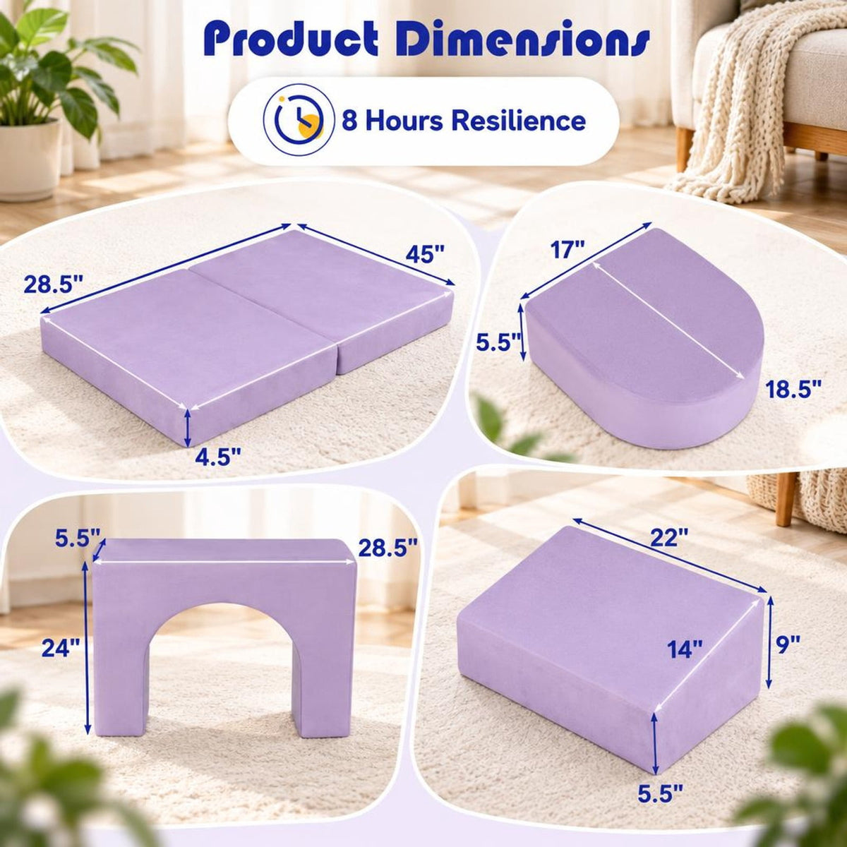 AIRFIND Kids Play Couch 8-Piece Modular Foam Sofa with Cushions, Arches and Half Moons, Removable Washable Suede Fabric Covers, Purple