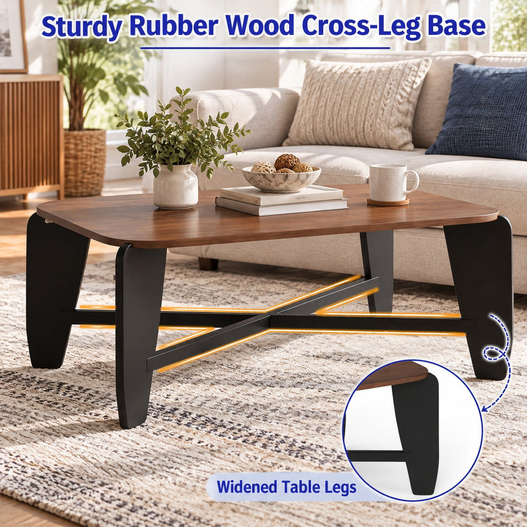 Airfind Modern Coffee Table with Rubber Wood Cross-Leg Base Rectangular Center Table, Walnut, Dimensions 35.5 x 22 x 15Ground Clear