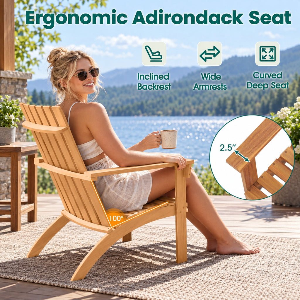 Airfind Acacia Wood Patio Adirondack Chair with Inclined Seat and High Backrest for Porch, 400 lbs Capacity, Acacia Wood Frame, Natural