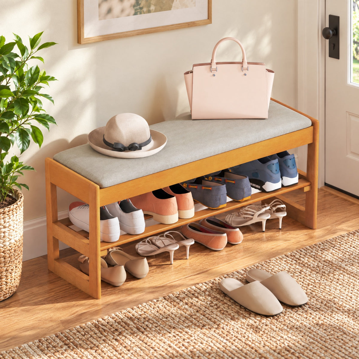 Airfind Shoe Rack Bench with Storage 2-Tier Rubberwood Entryway Bench with Flip-Open Storage, 400 lbs Capacity, 40in x 13.5in x 17in Footprint, Beige